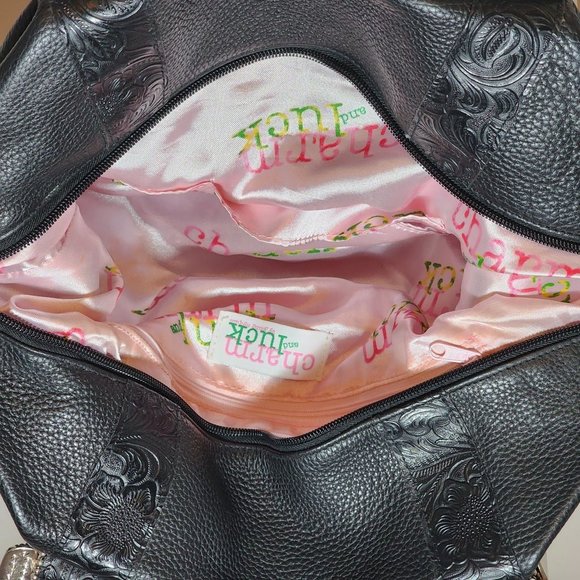 Charm and luck black genuine learher weatern rhinestone buckle handbag - Picture 6 of 6